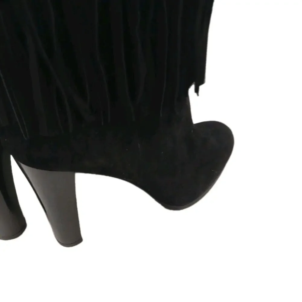 Stuart Weitzman Fringie Black Suede Fringe Boots 7.5 M Over The Knee Western NEW